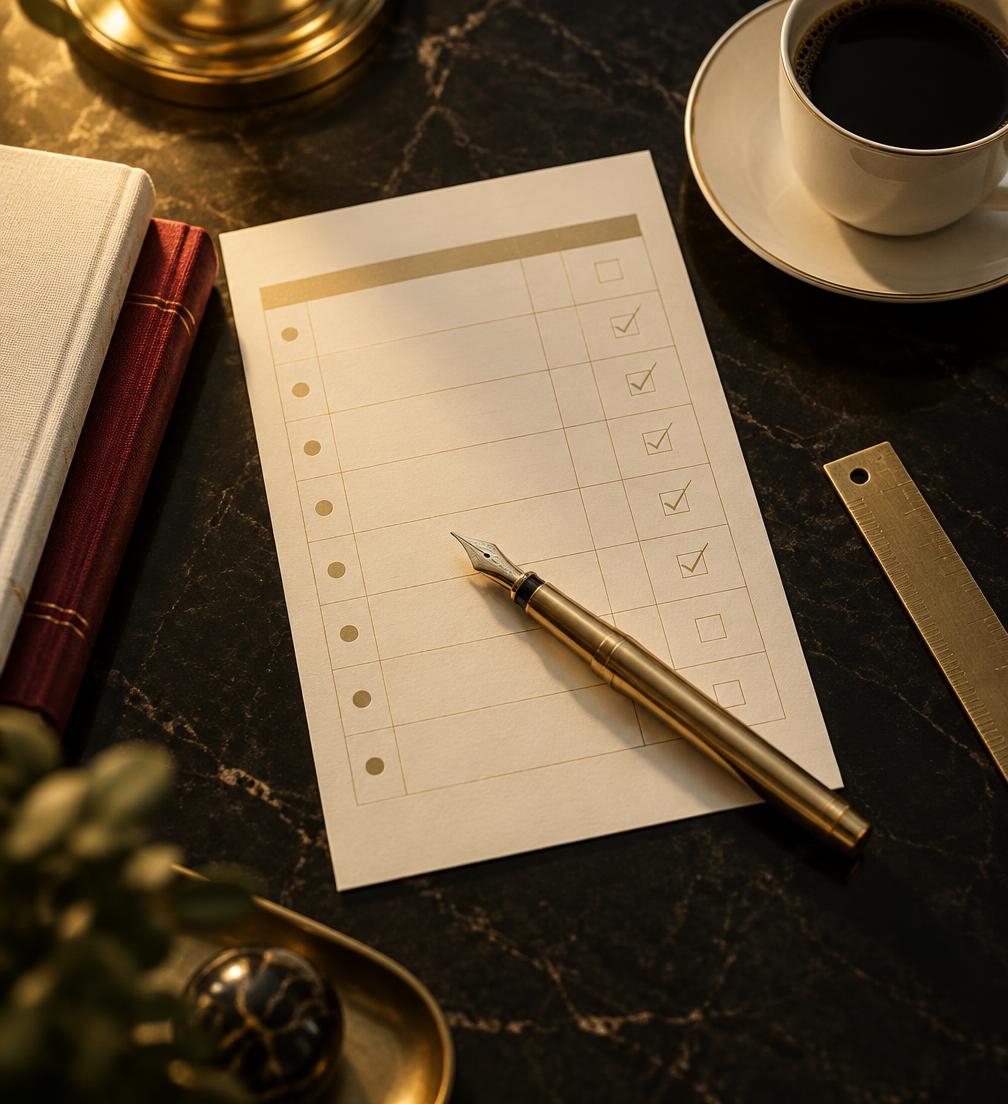 A printed readiness scorecard with gold check marks on a dark desk, beside stacked books and a cup of coffee